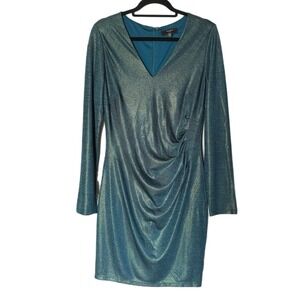 GUESS Dress Size 12 Women's Teal Gold Textured‎ Vneck Long Sleeve Ruched Zip